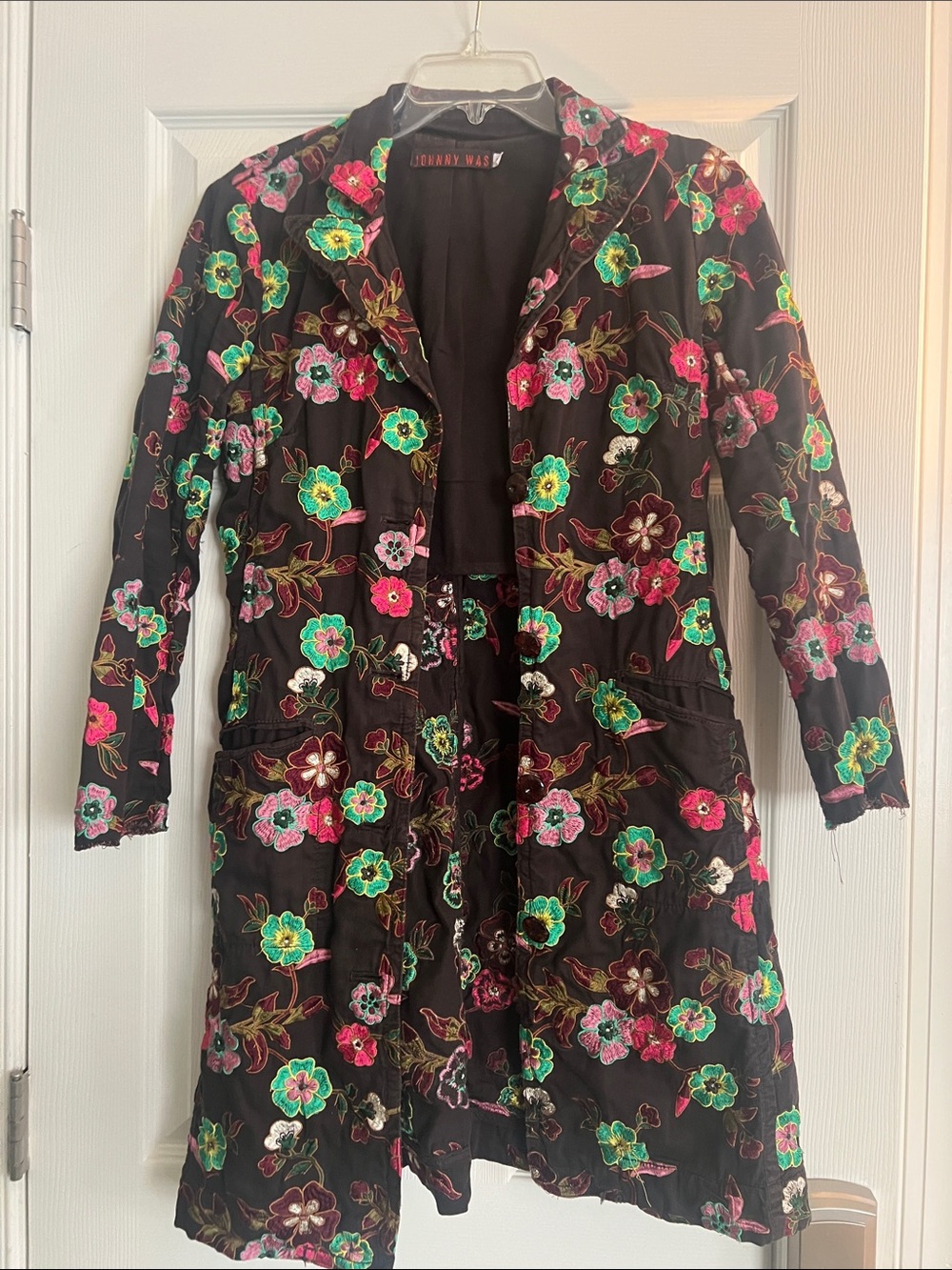 Johnny Was Brown Floral Embroidered Trench Coat
